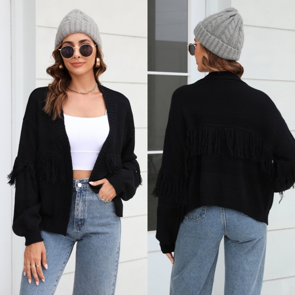 Harmony In Nature Sweaters - Fringe Trim Open Front Cardigan - Black